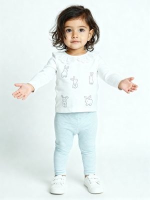 HOP Baby White Bunny Embroidered Cotton Top and Pants Set