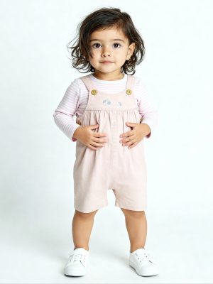 HOP Baby Pink Striped Cotton Dungaree with T-Shirt Set
