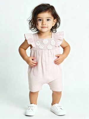 HOP Baby Pink Floral Embroidered Cotton Romper