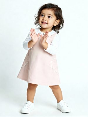 HOP Baby Pink Cotton Pinafore with T-Shirt Set