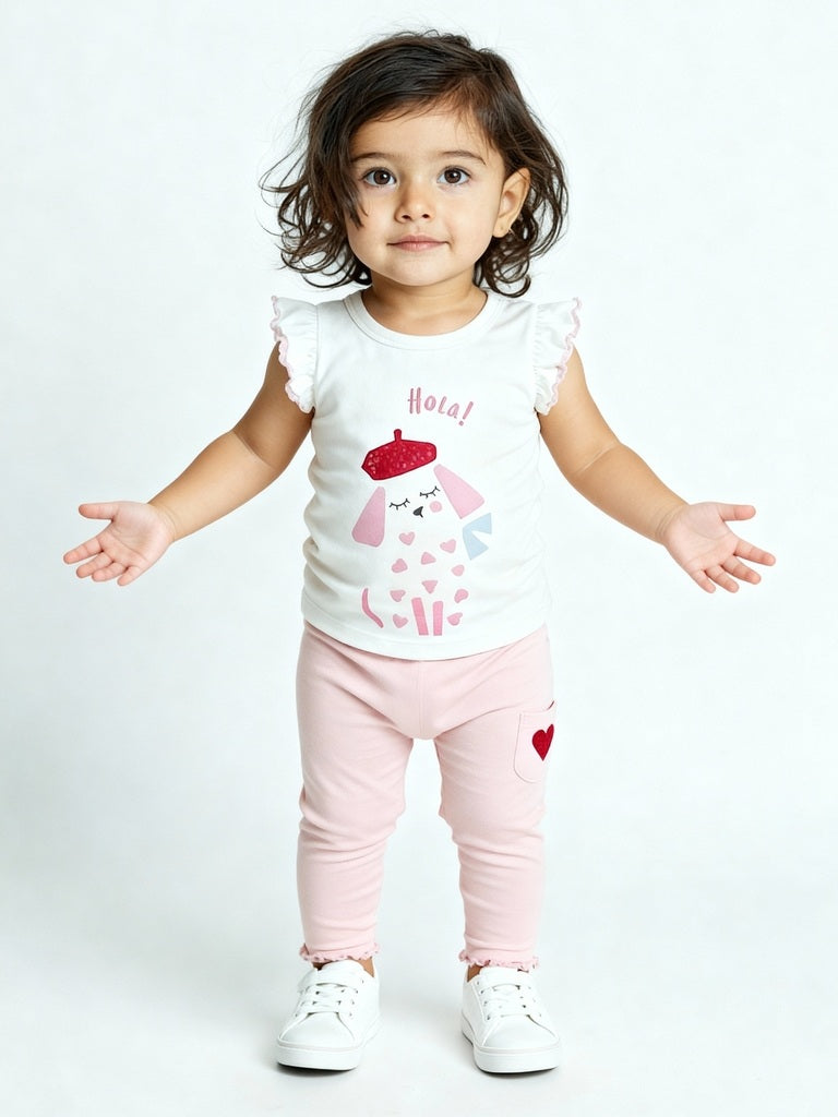 HOP Baby White Printed Cotton Top with Pants Set