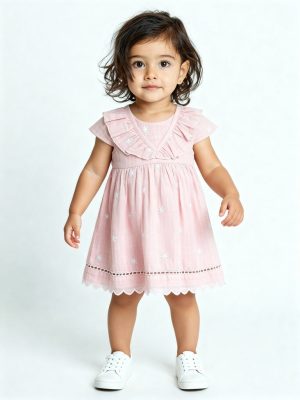 HOP Baby Pink Floral Embroidered Cotton A-Line Dress