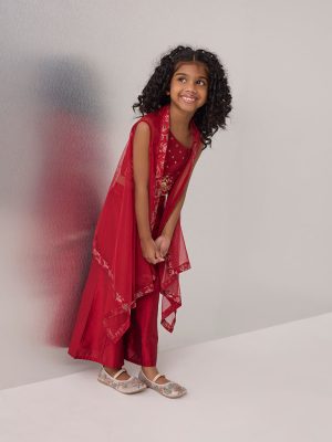Utsa Kids Red Floral Embroidered Ethnic Set - (2-8yrs)
