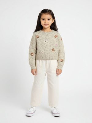 HOP Kids Beige Floral Embroidered Sweater