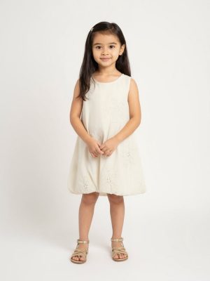 HOP Kids Cream Floral Embroidered Cotton Balloon Dress