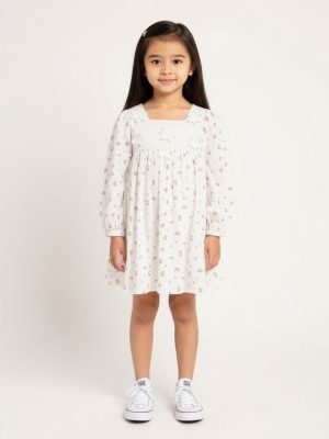 HOP Kids White Floral-Designed Cotton A-Line Dress