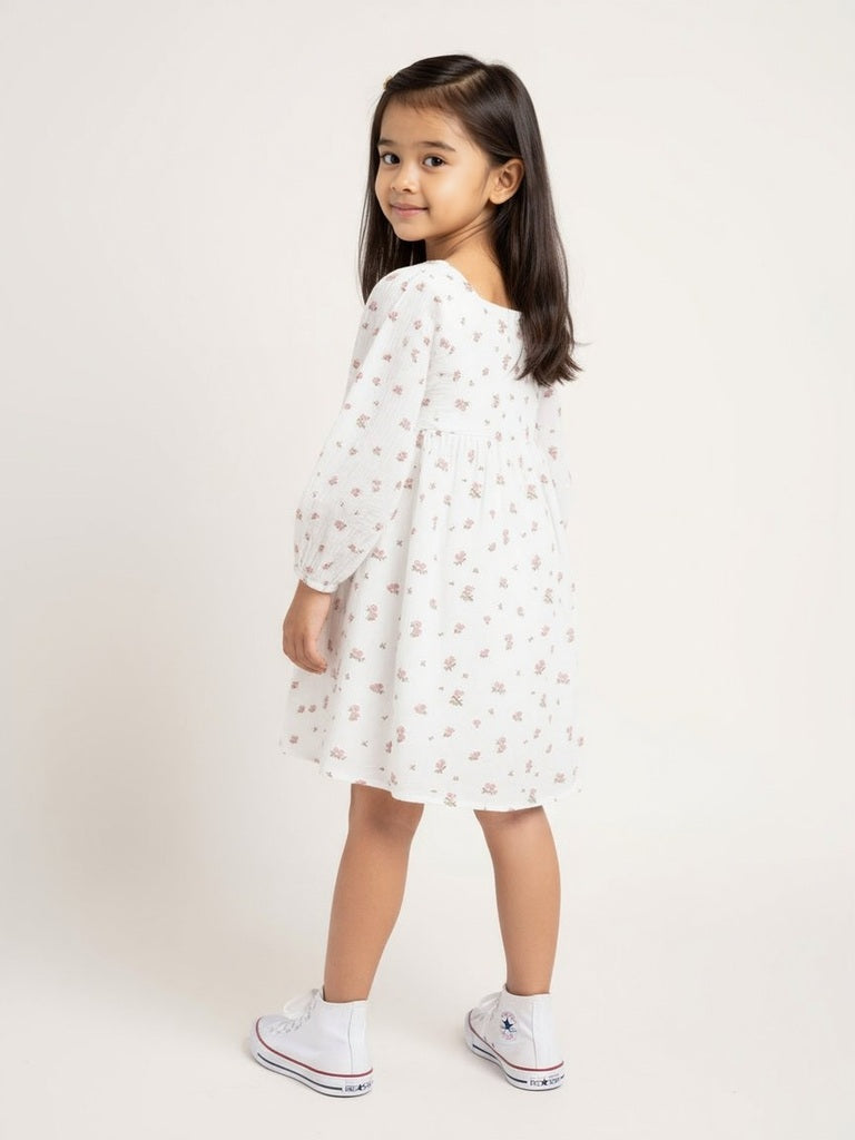 HOP Kids White Floral-Designed Cotton A-Line Dress - Image 2