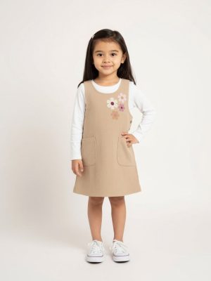 HOP Kids Beige Embroidered Cotton T-Shirt and Pinafore Set