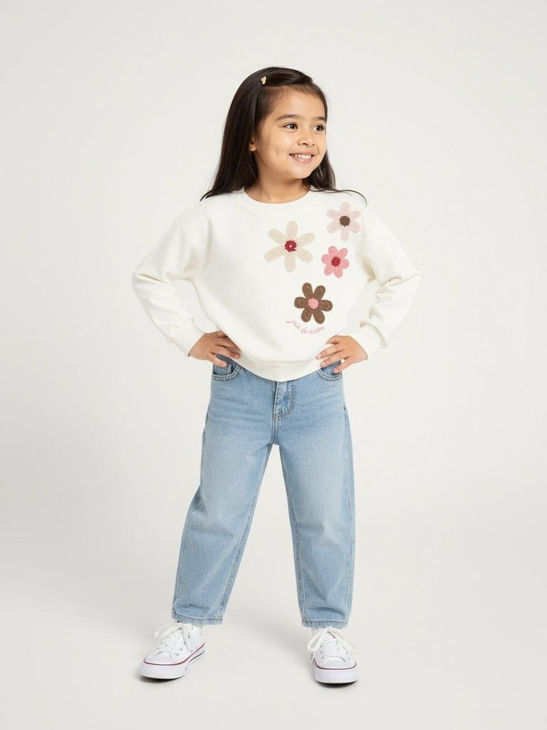 HOP Kids White Floral Embroidered Cotton Sweatshirt