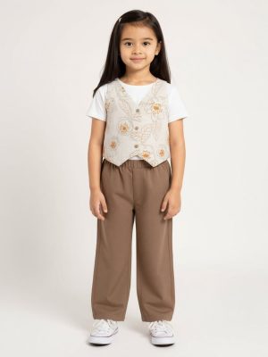 HOP Kids Beige Floral Embroidered Cotton Vest Top