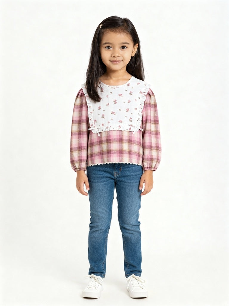 HOP Kids Pink Checkered Cotton Top