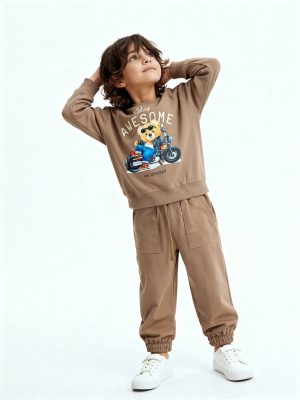 HOP Kids Brown Printed Cotton Sweatshirt and Joggers Set