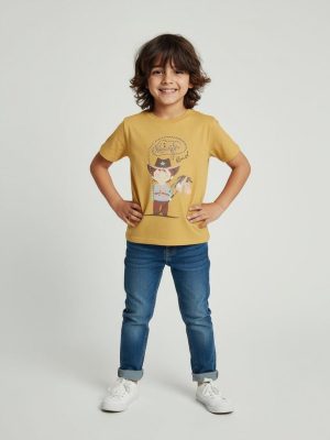 HOP Kids Mustard Printed Cotton T-Shirt