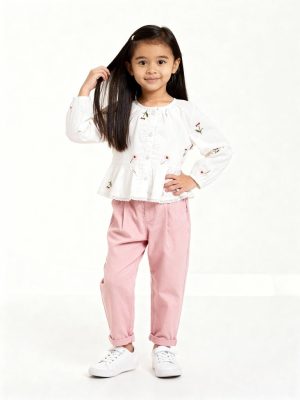 HOP Kids White Floral Embroidered Cotton Peplum Top