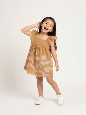 HOP Kids Orange Floral Embroidered Cotton Dress