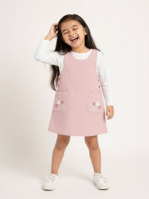 HOP Kids Pink Embroidered Cotton T-Shirt and Pinafore Set