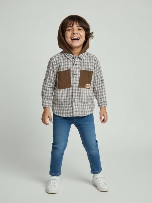 HOP Kids Brown Checkered Hooded Cotton Shirt