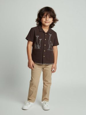 HOP Kids Dark Brown Embroidered Resort-Fit Cotton Shirt