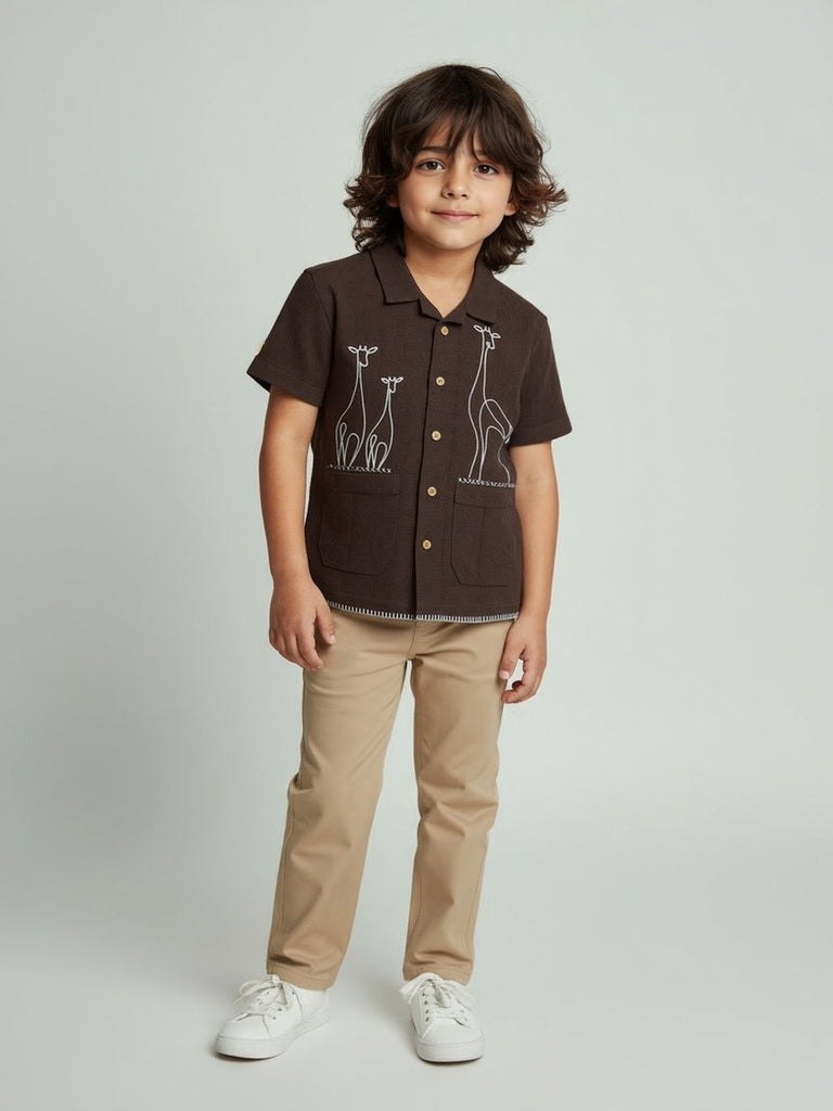 HOP Kids Dark Brown Embroidered Resort-Fit Cotton Shirt