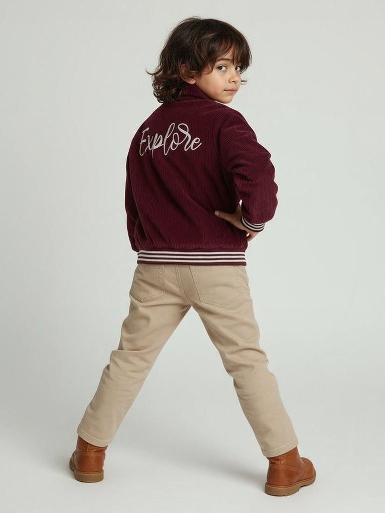 HOP Kids Wine Text Detailed Corduroy Cotton Jacket - Image 2