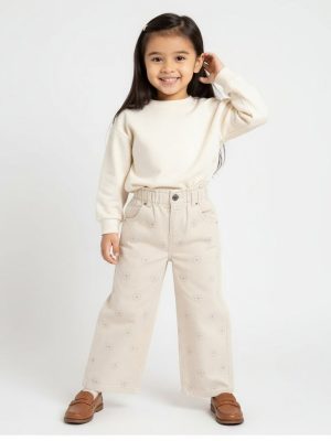 HOP Kids Beige Floral Printed High-Rise Corduroy Trousers