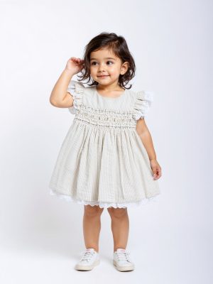 HOP Baby Beige Striped Cotton A-Line Dress