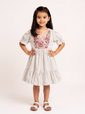 Utsa Kids Off-White Embroidered Cotton-Blend Tiered Dress - (2-8yrs)