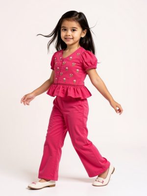Utsa Kids Fuchsia Embroidered Cotton-Blend Ethnic Top - (2-8yrs)