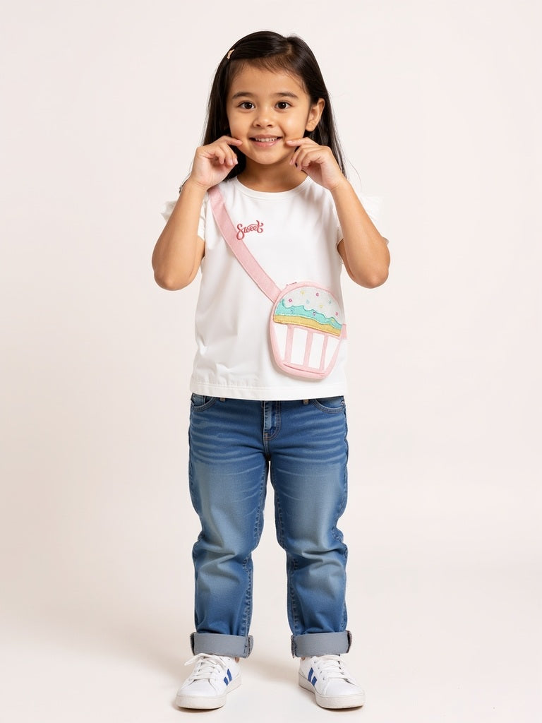 HOP Kids Off-White Pouch-Detailed Cotton Top