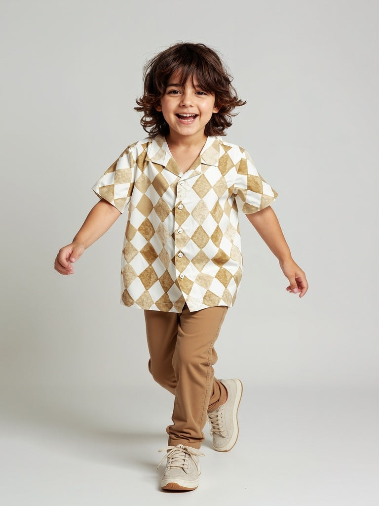 HOP Kids Taupe Geometric Printed Shirt