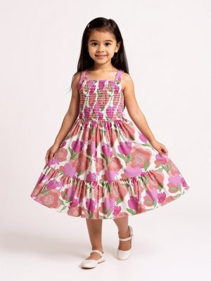 Utsa Kids Pink Foliage Detailed Tiered Dress - (2-8yrs)