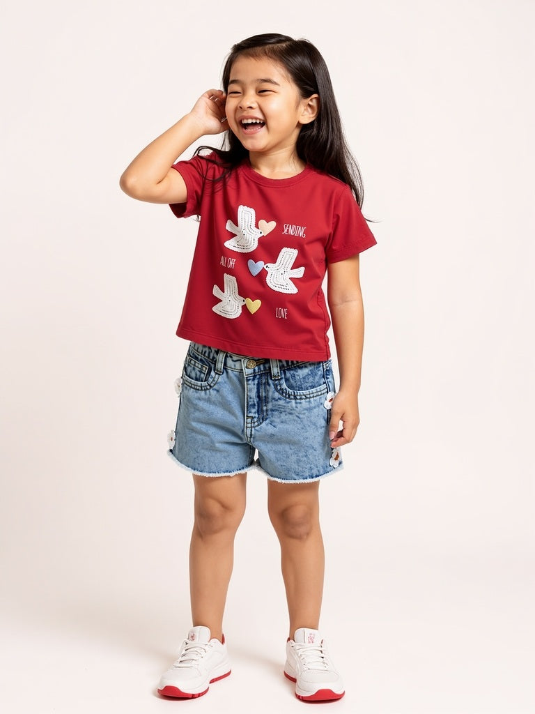 HOP Kids Red Bird Detailed Cotton T-Shirt