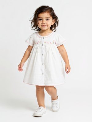 HOP Baby White Embroidered A-Line Cotton Dress