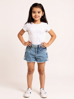 HOP Kids Blue Floral Detailed Mid-Rise Denim Shorts
