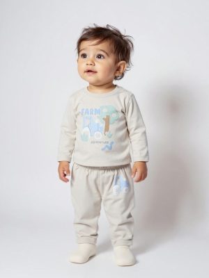 HOP Baby Beige Printed Cotton T-Shirt and Pants Set