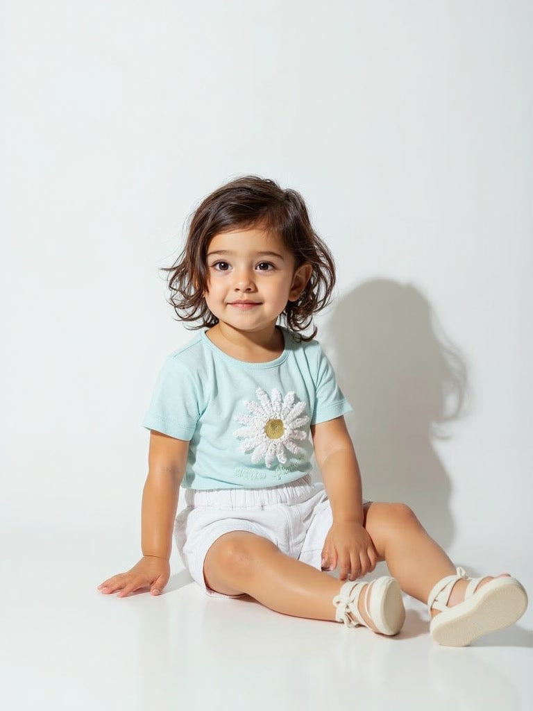 HOP Baby Aqua Embroidered Cotton T-Shirt and Shorts Set