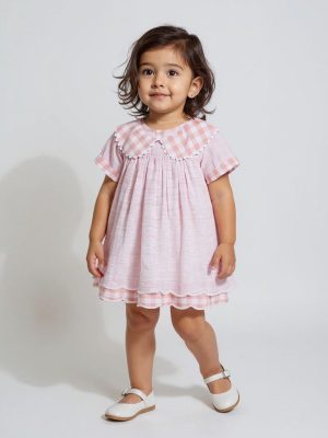 HOP Baby Pink Checks Design Cotton A-Line Dress