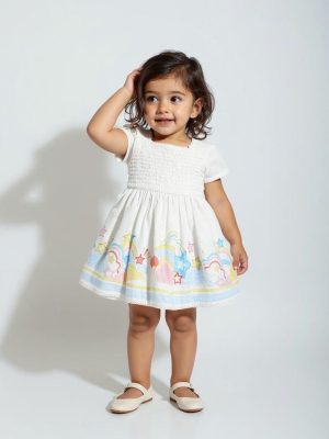 HOP Baby White Rainbow Detailed Cotton A-Line Dress