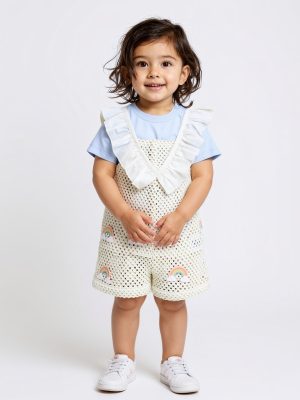 HOP Baby Off-White Crochet-Detailed Cotton Dungaree with T-Shirt Set
