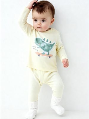 HOP Baby Yellow Animal Design Cotton T-Shirt with Pants Set