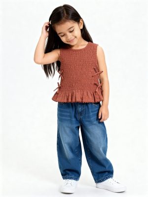 HOP Kids Rust Smocked Cotton Top