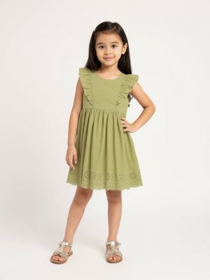 Utsa Kids Light Green Floral Embroidered Cotton A-Line Dress - (2-8yrs)