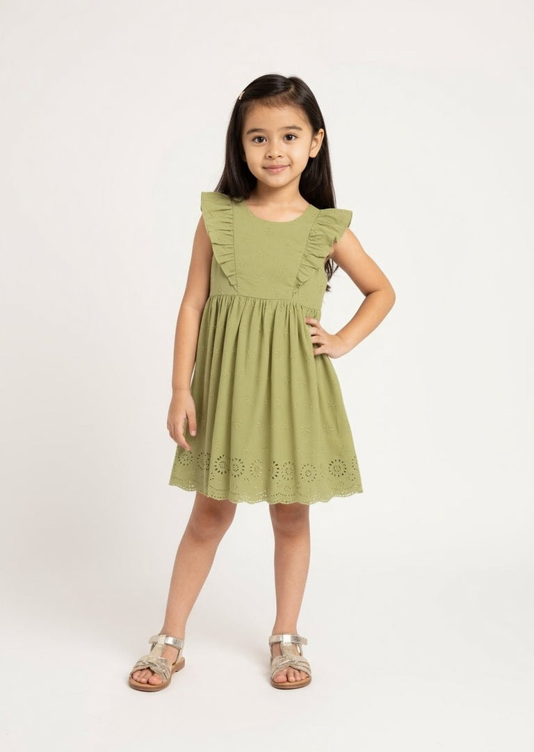 Utsa Kids Light Green Floral Embroidered Cotton A-Line Dress - (2-8yrs)