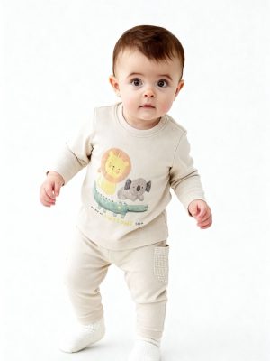 HOP Baby Beige Animal Printed Cotton T-Shirt with Pants Set