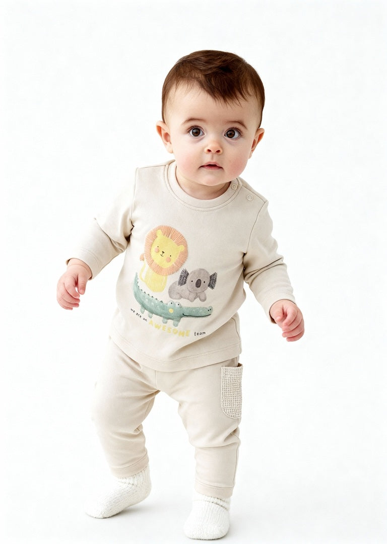 HOP Baby Beige Animal Printed Cotton T-Shirt with Pants Set