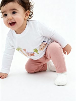 HOP Baby White Dinosaur Design Cotton T-Shirt with Pants Set
