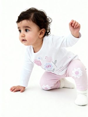 HOP Baby Pink Floral Design Cotton T-Shirt with Pants Set