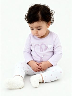 HOP Baby Lilac Heart Printed Cotton T-Shirt with Pants Set