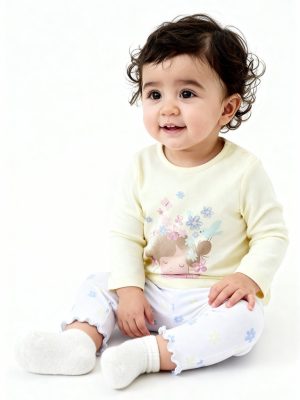 HOP Baby Yellow Printed Cotton T-Shirt with Pants Set