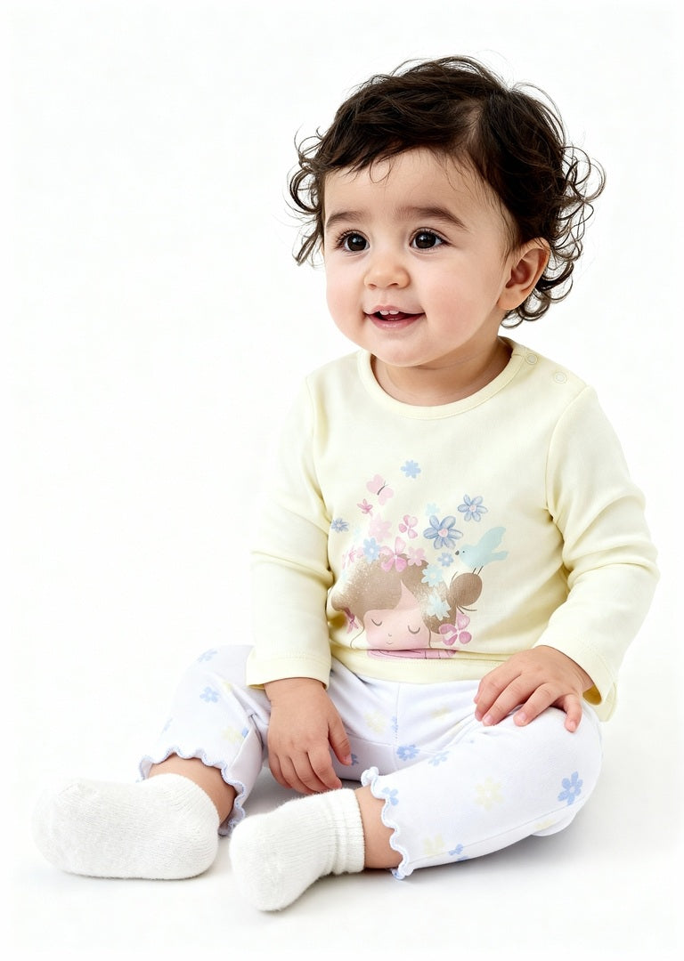 HOP Baby Yellow Printed Cotton T-Shirt with Pants Set